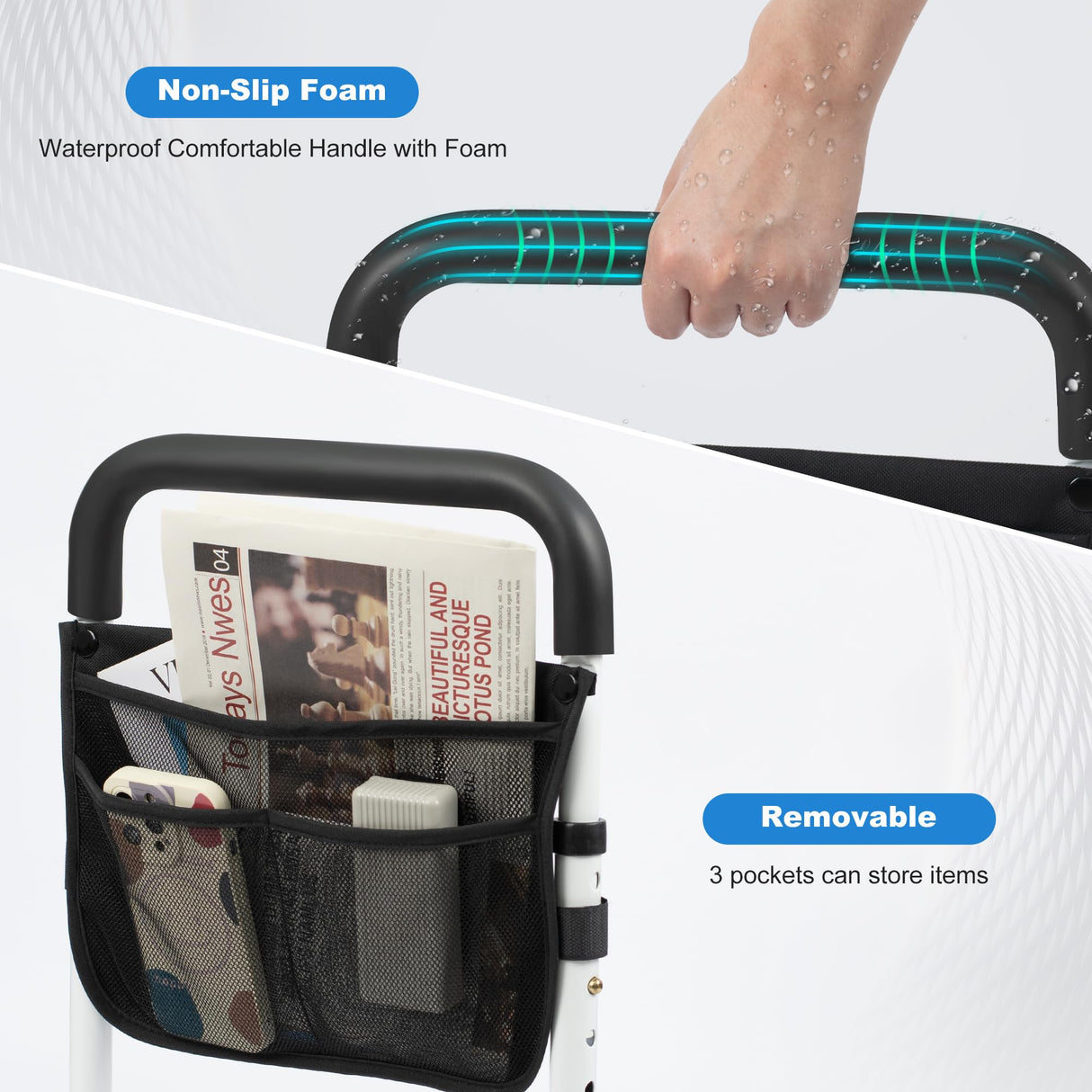 Bed Rails for Elderly Adults, Adjustable Bed Assist Bar for Seniors, Medical Bed Safety Rail with Storage Bag and Fixing Strap, Portable Bed Cane Fit King, Queen, Full, Twin, Medium, Black