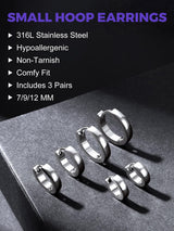 Richsteel 3 Pairs Mens Hoop Earrings Sets, Hypoallergenic Stainless Steel