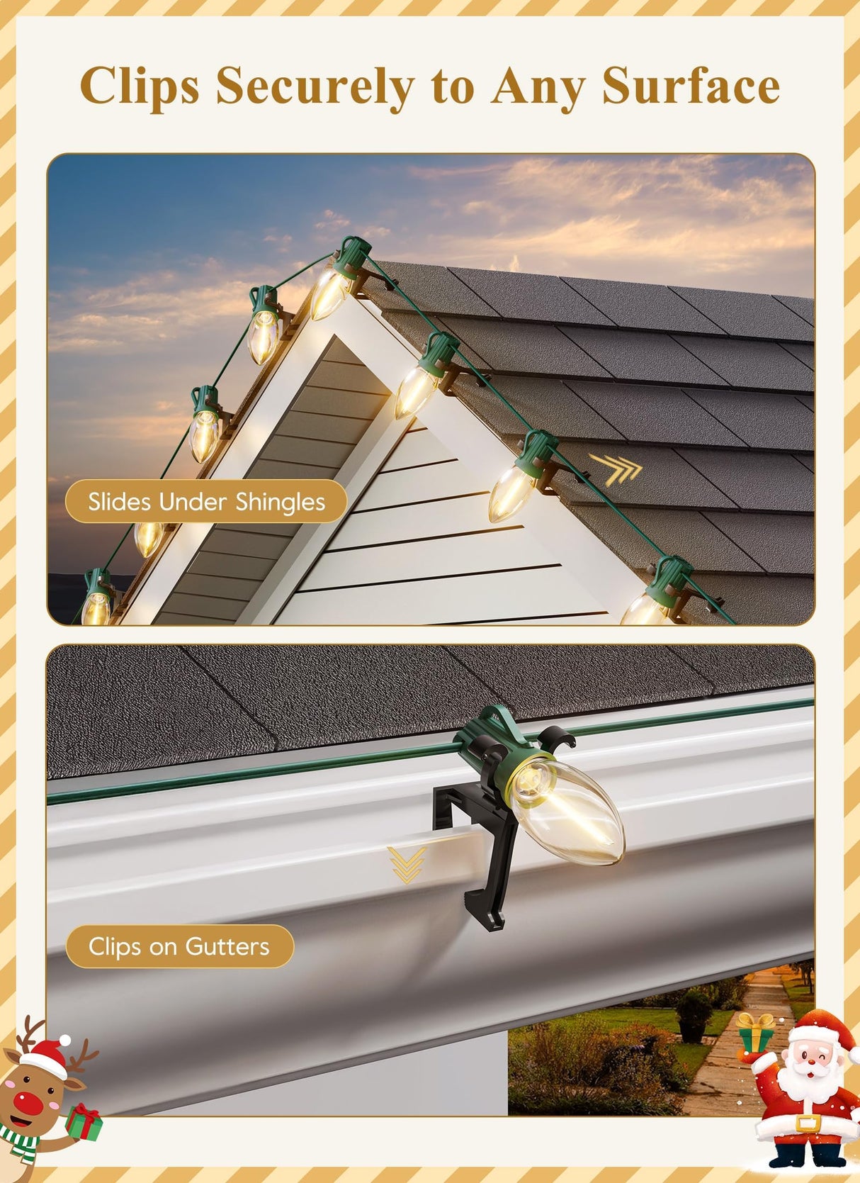 Universal Christmas Lights Shingle Clips, 100 Count All in One Gutter Clips, Shatterproof All Purpose for C7/E12, C9/E17, Mini String, Rope Lights, Christmas Decorations, Black