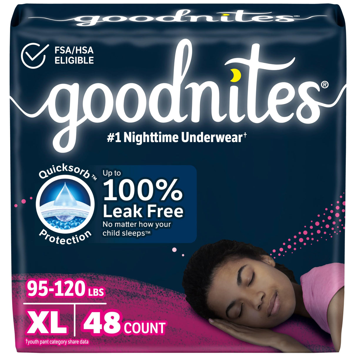 Goodnites Girls' Nighttime Bedwetting Underwear, Size Extra Large (95-120 lbs), 48 Ct (2 Packs of 24), Packaging May Vary