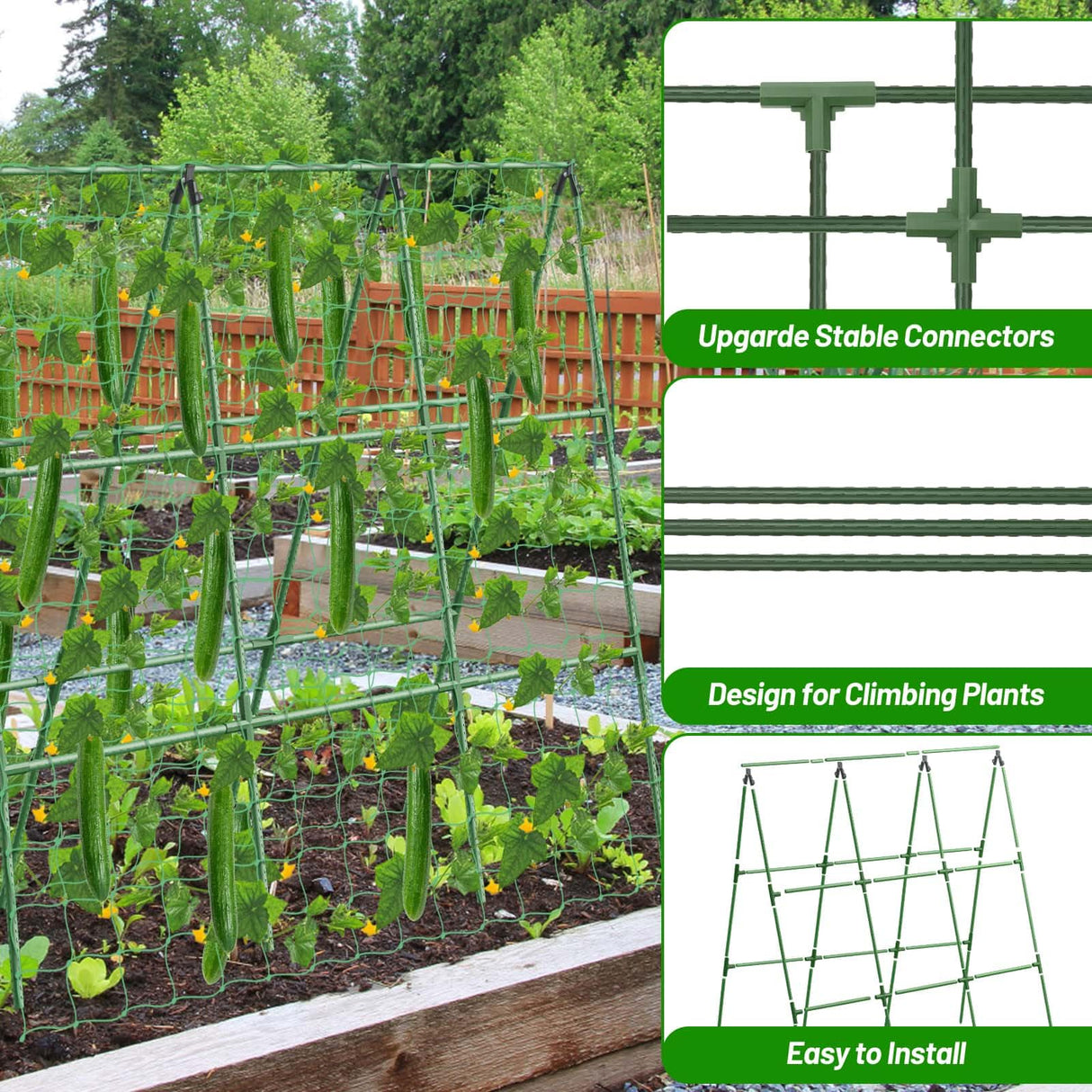 Cucumber Trellis with 46 Gallon Grows Bag, 50 x 54 Inches A Frame Outdoor Greenhouse Trellis and Fabric Raised Bed, Climbing Net and Plant Support Clips for Bean Climbing Plants
