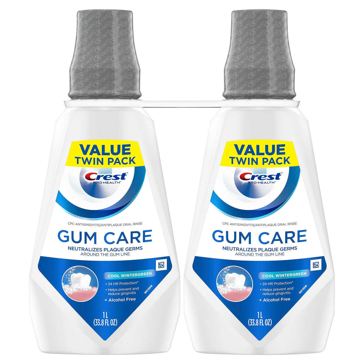 Crest Gum Care Alcohol Free Mouthwash, Cool Wintergreen, Value Twin Pack, 2 x 1L (33.8 fl oz) Bottles, Helps Prevent & Reduce Gingivitis, Neutralizes Plaque Around the Gum Line, No Burn Oral Rinse