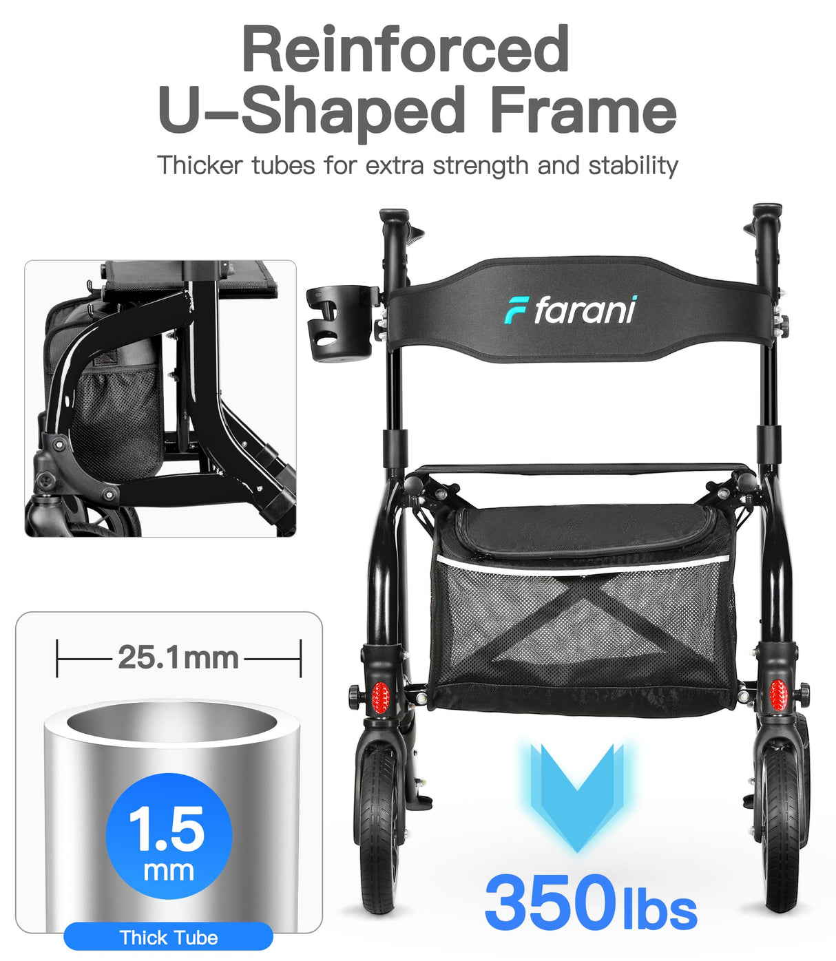 Farani All Terrain Rollator Walkers for Seniors, Lightweight Foldable Rolling Walker with Seat, Sturdy Integrated Molding Frame, Height-Adjustable Handles & Backbrest, 8" Rubber Wheels,Black