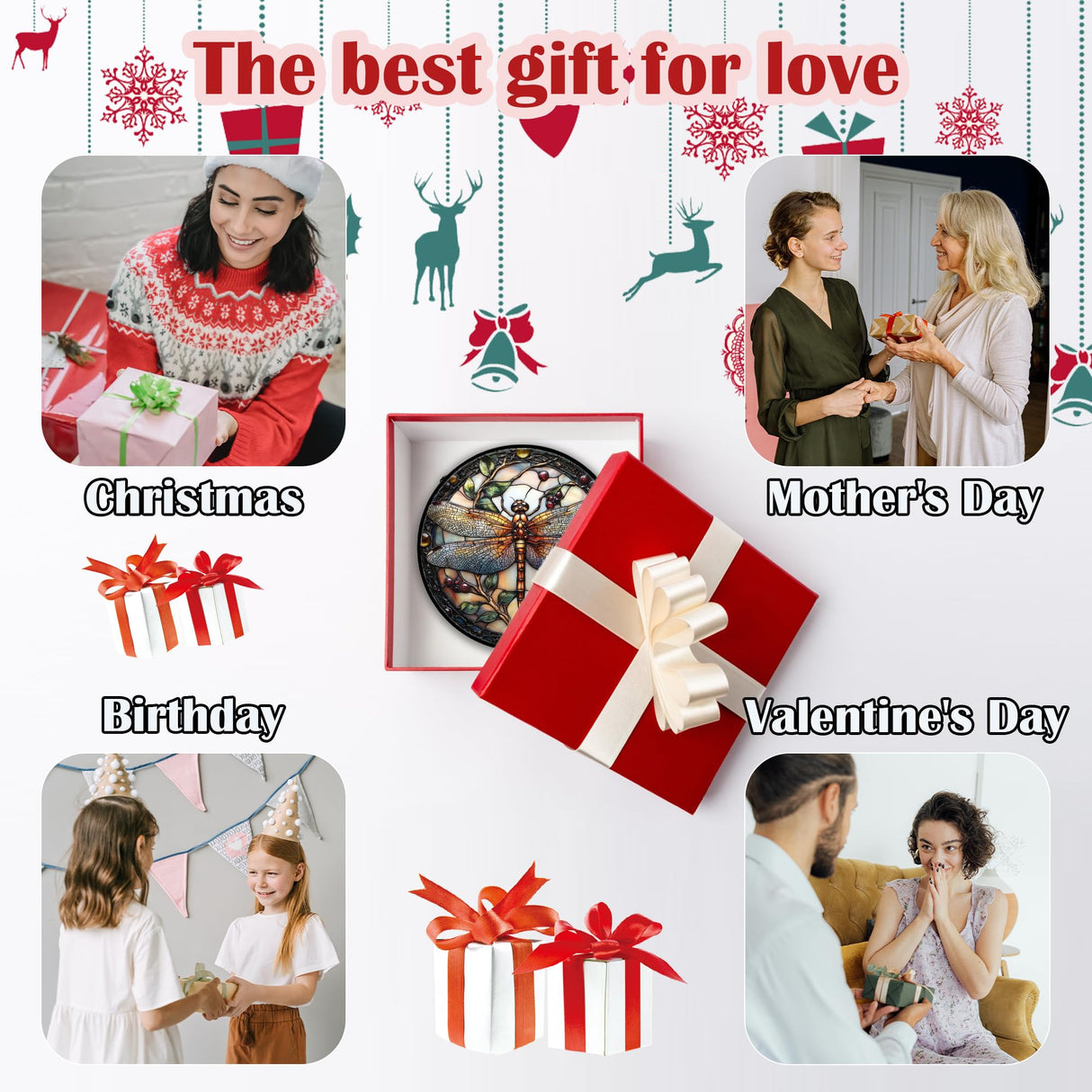 DASTOLL Stained Glass Window Hanging - Dragonfly Plant Suncatcher Ready to Hang Window Doors Home Decoration, Christmas, Mother's Day Birthday Gifts for Women, Men, and Mom 9.8x9.8 in