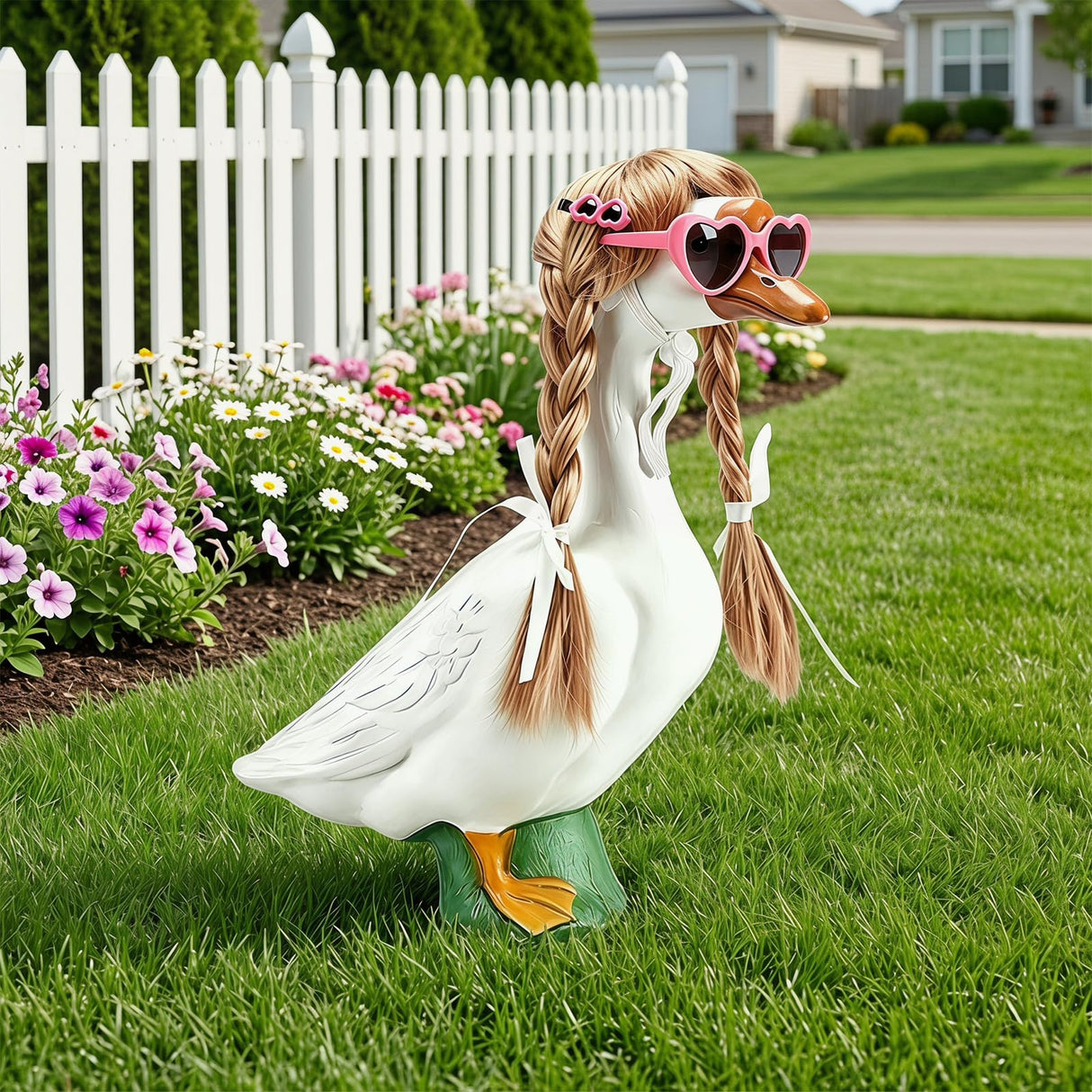 YFFSQXH 3 Styles Porch Goose Wig Set with Heart Sunglasses & Hair Clips - Themed Braid Wig Set (9 Pieces Total) for 17/23 Inch Lawn Goose Statue, Adjustable Outdoor Garden Decor