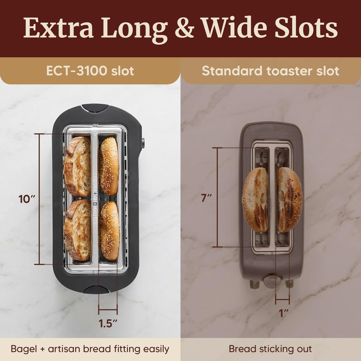 Elite Gourmet 4-Slice Long Slot Toaster, 1.5" Wide Slots, 6 Browning Levels