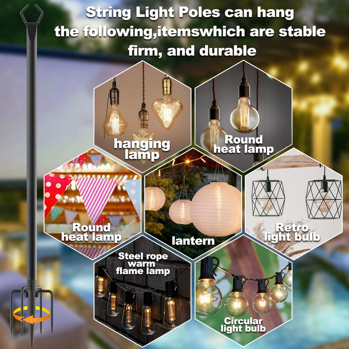 NSHWFW 6 Pack 10 ft Heavy Duty Metal String Light Poles Adjustable Outdoor Lighting Stand for Patio,Backyard,Garden,Party & Wedding Rustproof & Sturdy with Hooks