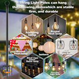 NSHWFW 6 Pack 10 ft Heavy Duty Metal String Light Poles Adjustable Outdoor Lighting Stand for Patio,Backyard,Garden,Party & Wedding Rustproof & Sturdy with Hooks