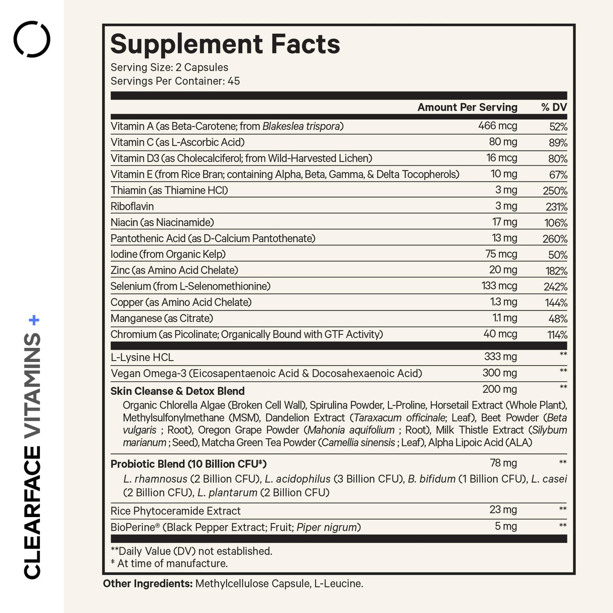Codeage Clearface Pantothenic Acid, Niacin Supplement, Vitamins A, C, D3, E, Probiotics, Zinc, Riboflavin, Thiamin, L-Lysine HCL & Omega-3, Niacinamide, Skin Botanical Blend - Non-GMO - 90 Capsules