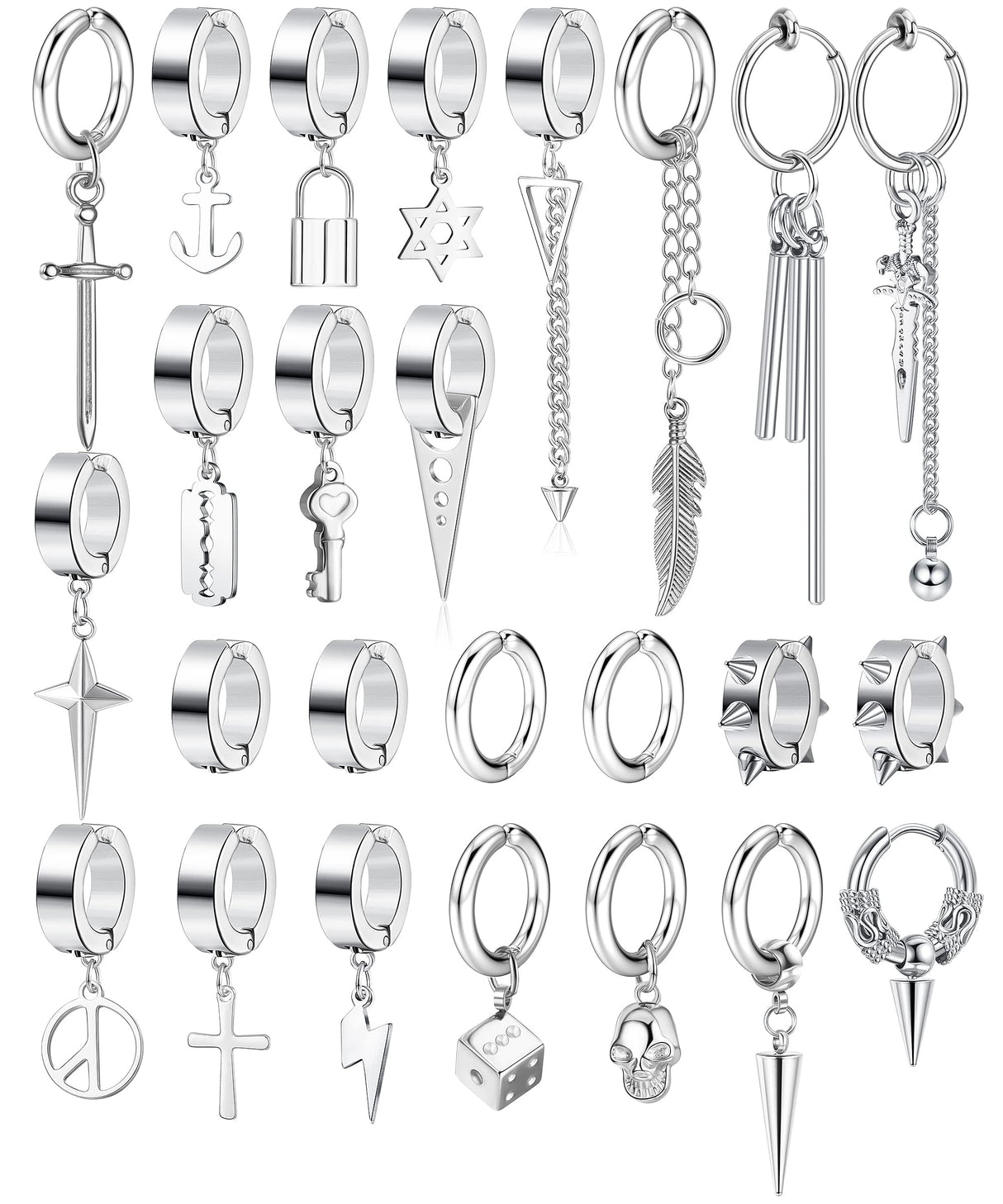 THUNARAZ 25Pcs Clip on Earrings for Men Cross Dangle, Fake Earrings