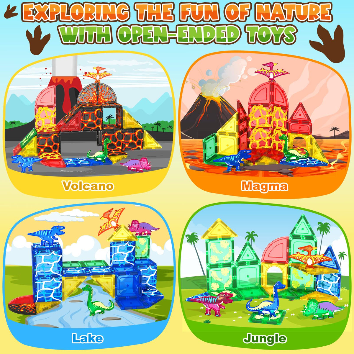 Magnetic Tiles Lava Dinosaur Toys Magnetic Blocks Building Set for Kids 3+