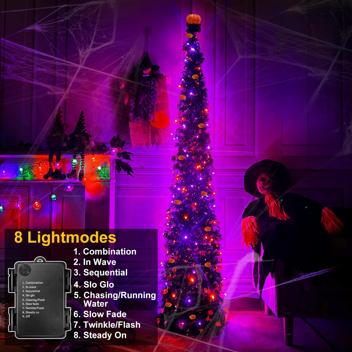 Timer - 6 Ft 60 LED Tinsel Halloween Tree Decor with Orange & Purple Lights 8 Modes Black Christmas Tree Pumpkin Battery Operated Pop Up Artificial Tree Indoor Outdoor Decorations