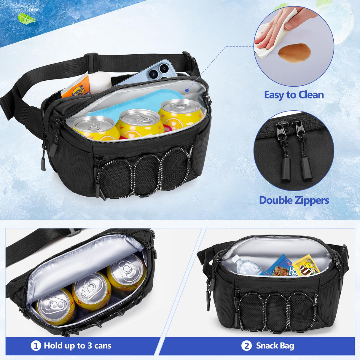 Trahzia Fanny Pack Cooler, Insulated Waist Pack Snack Bag, Portable Hip Pack for Beach, Camping and Hiking, Black