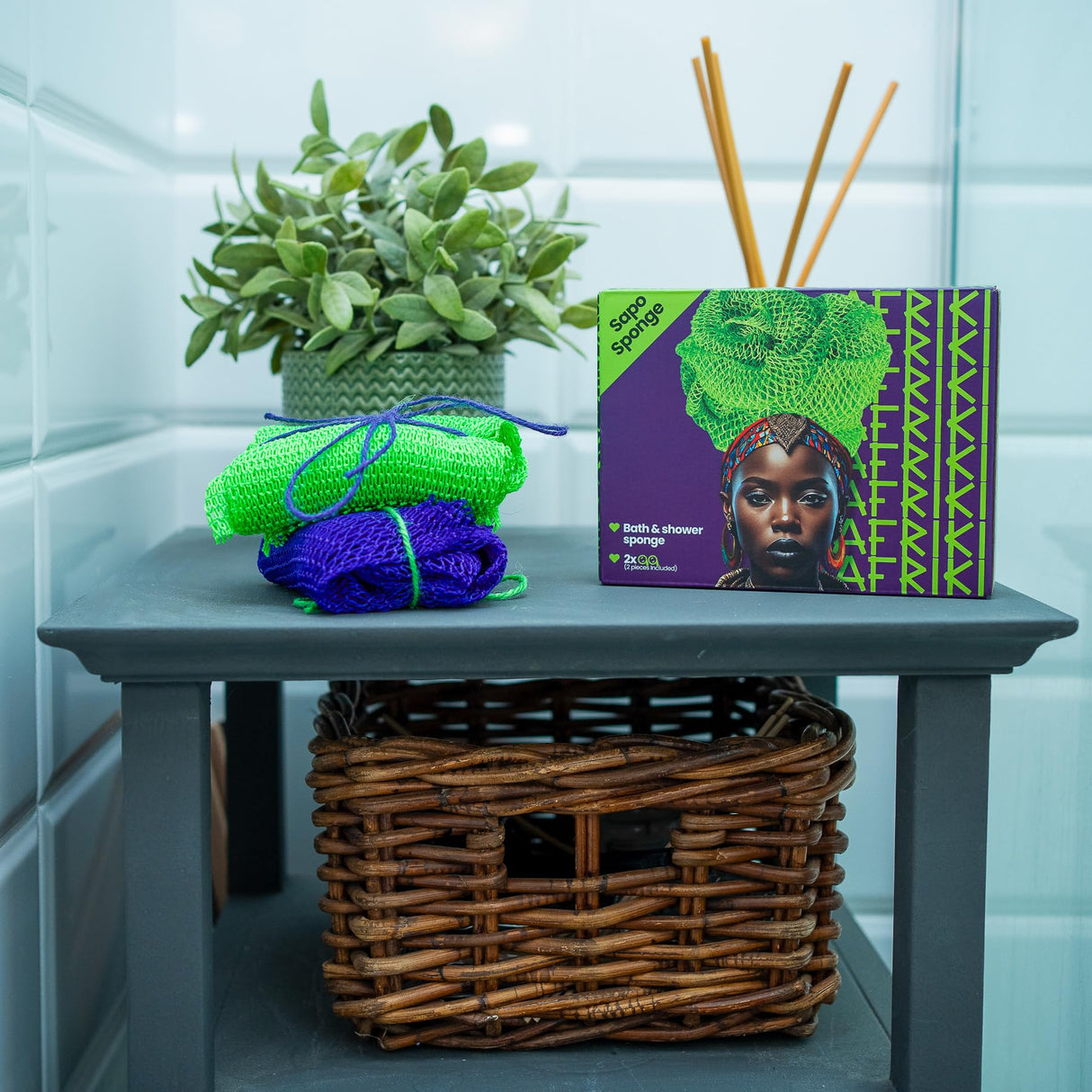 AFRIKI African Net Sponge, African Exfoliating Sponge, Black Owned, Exfoliating Washcloth, Body Exfoliator for Bath and Shower, Back Scrubber, Dead Skin Remover (Green, Purple, 1 Count (Pack of 2))