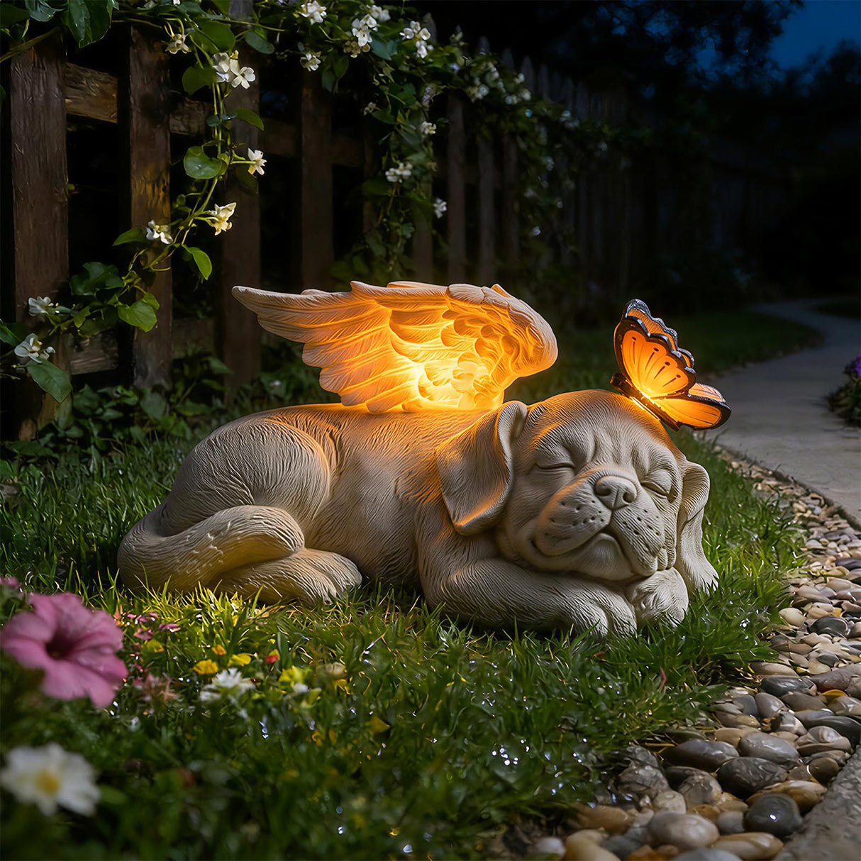 WONDER GARDEN Sleeping Dog Angel Statue with Solar Light - Pet Memorial Stone, in Memory of Dog, Marker Tribute Statues, Resin Guardian Angels, Bereavement Gift