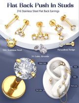 LOLIAS Hypoallergenic Gold Threadless Flat Back Stud Earrings for Women