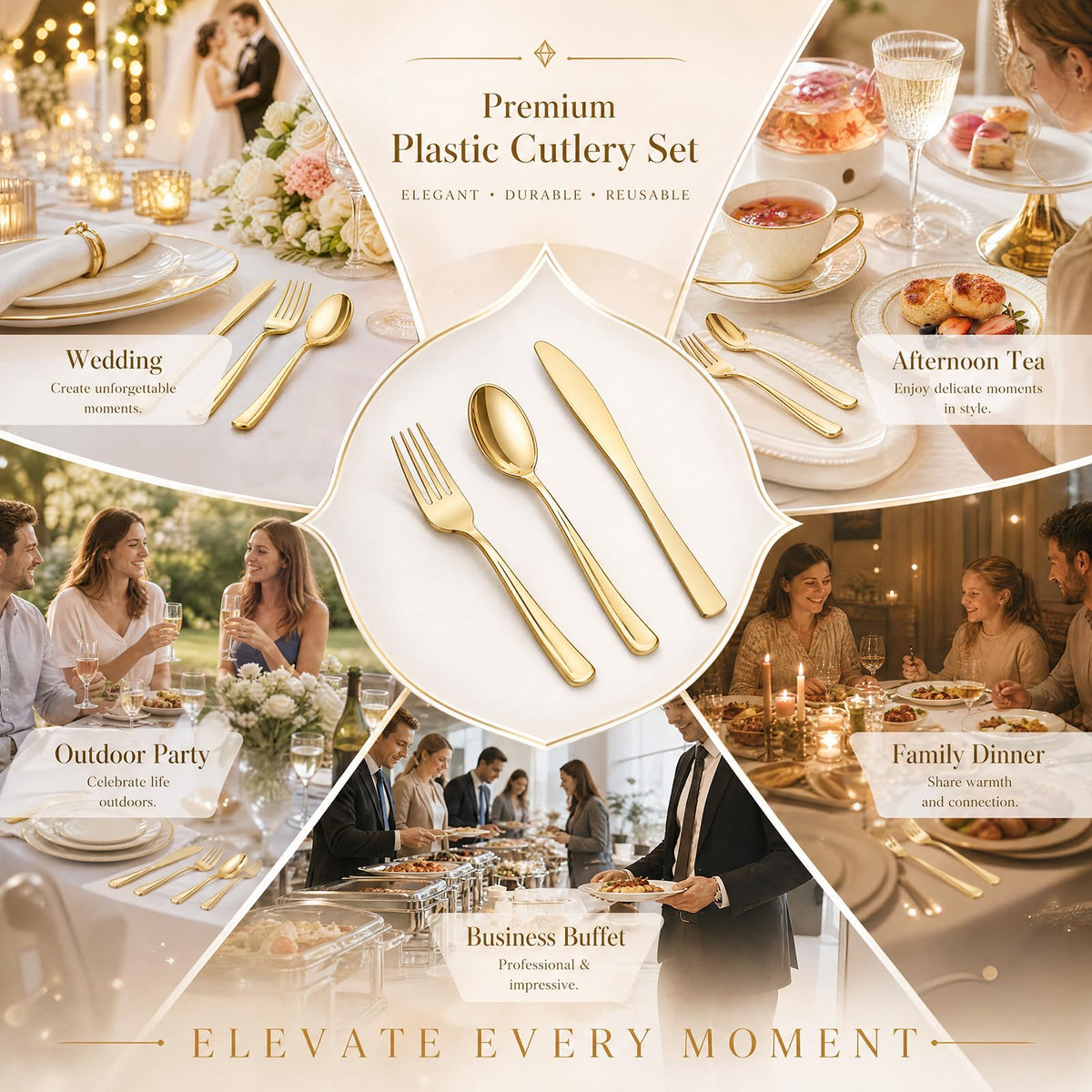 WDF 180 Count Gold Plastic Silverware Set - Heavy Duty Disposable Cutlery (60 Forks, 60 Knives, 60 Spoons) - BPA-Free Gold Flatware for Wedding/Fall Party/Baby Shower/Thanksgiving/Christmas