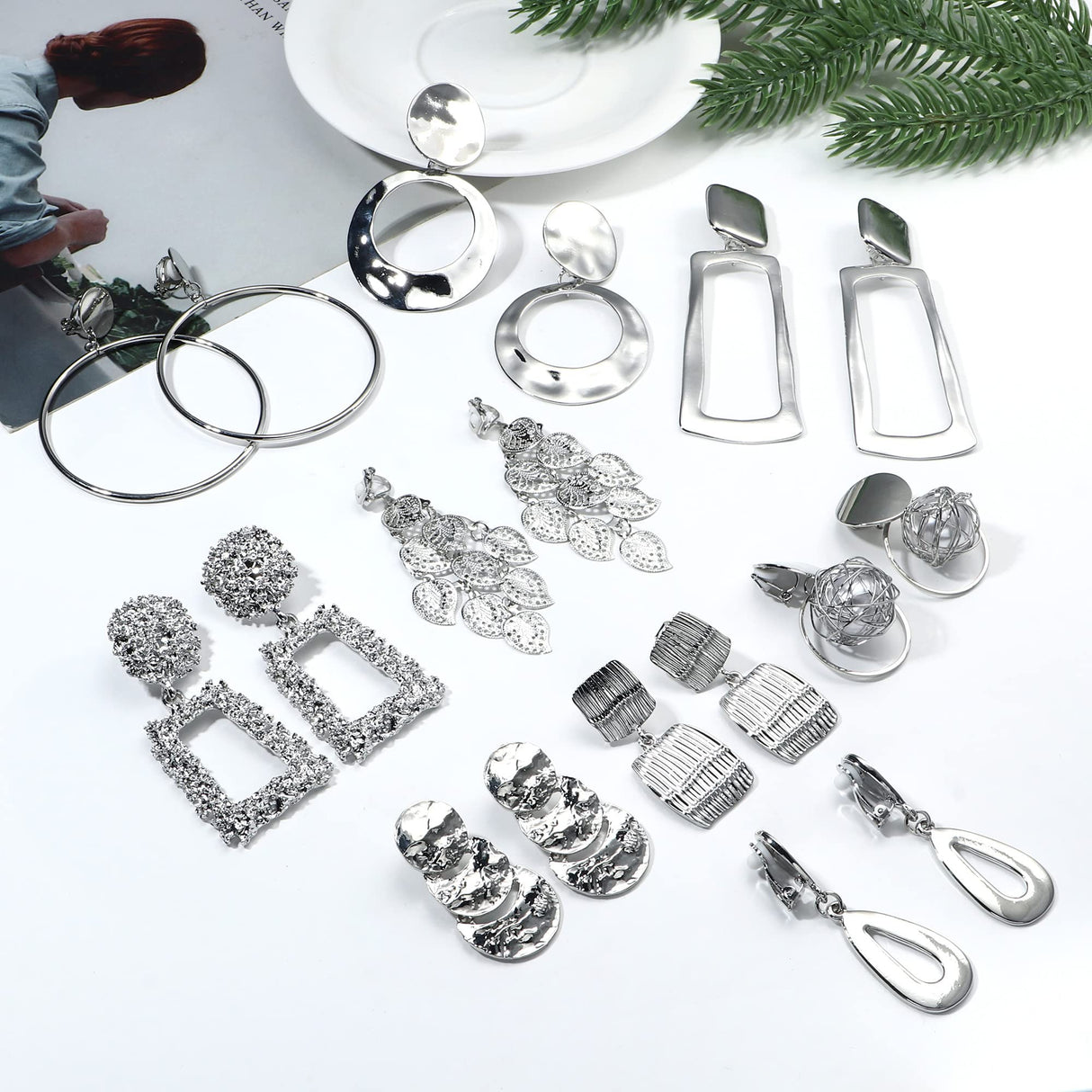 Subiceto 9 Pairs Silver Plated Clip on Earrings for Women Statement Clip On Earrings Large Geometric Square Rectangle Round Clip Dangle Earrings Non Pierced Earrings Set
