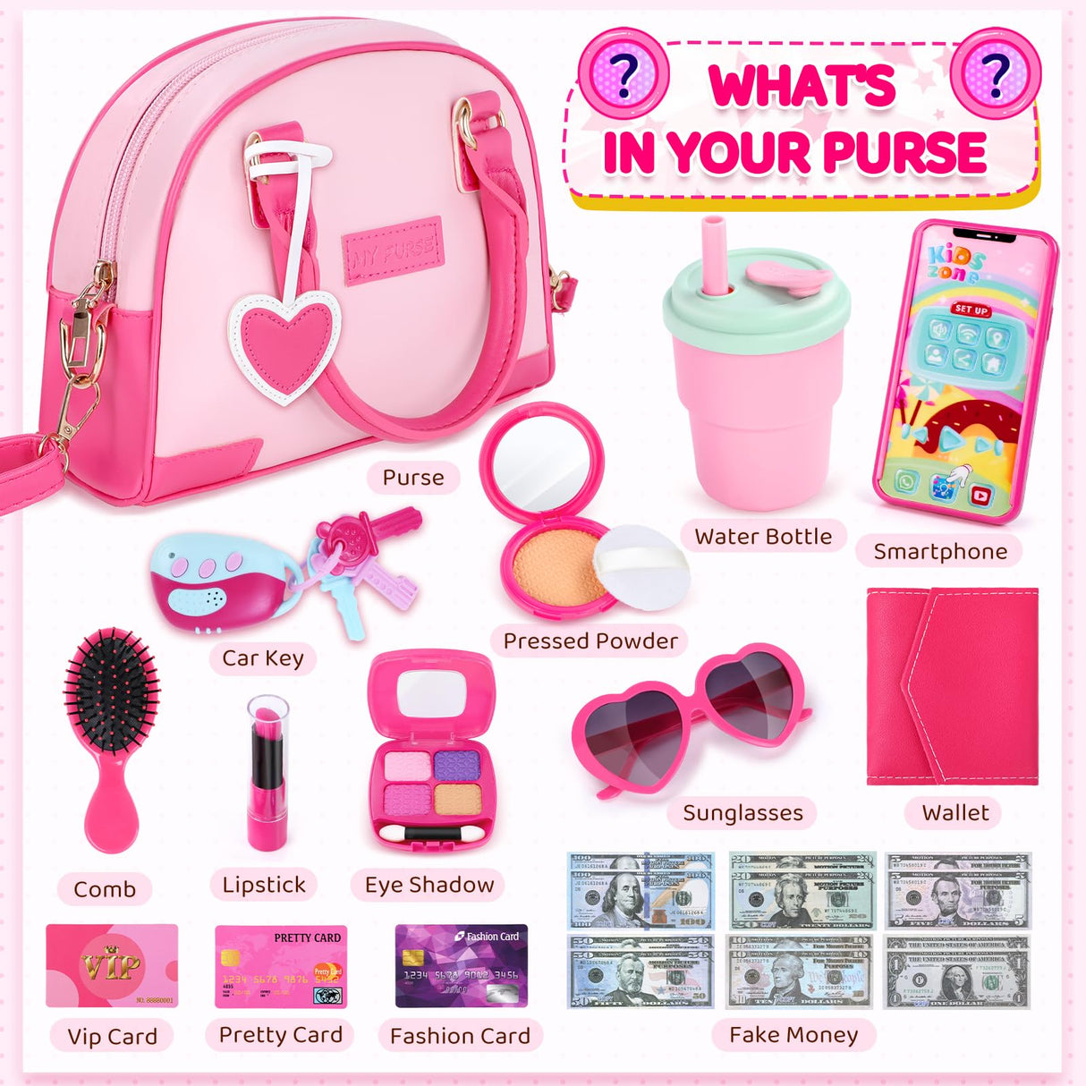 INNOCHEER Little Girls Purse, Kids Toy Purse with Pretend Makeup, Play Purse for Little Girls, Pretend Play Toddler Purse, Birthday Christmas Princess Gifts Toys for Girls 3 4 5 6 7 8 Year Old
