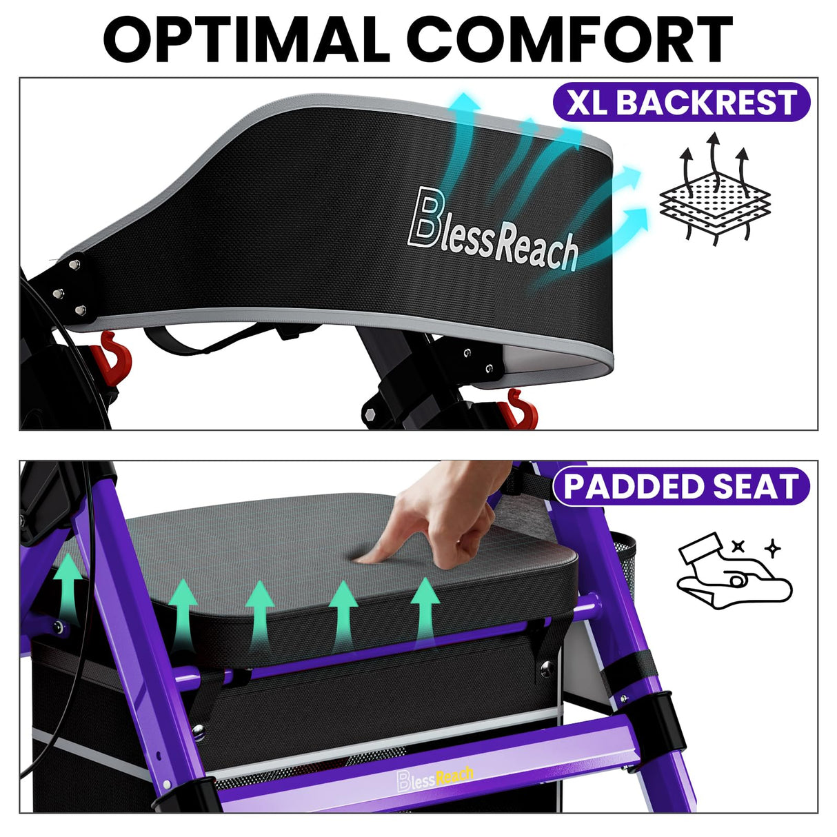 BlessReach Foldable Rollator Walkers with Seat for Seniors, 450 lb Capacity, 8'' Wheels, 18" Big Seat, 6-Position Adjustable Height, Heavy-Duty Aluminum Rolling Walker (Purple)
