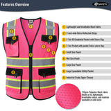 JKSafety Hi Vis Reflective Safety Vests for Men Women High Visibility Vest with Pockets Mesh Fabric Construction Safety Apparel Neon Vest for Work (220-Pink XXL)
