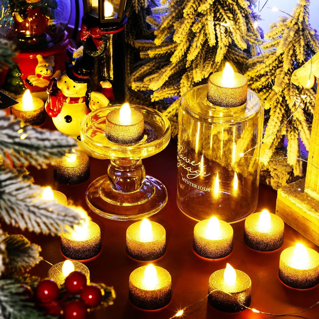 Retisee 48 Pcs Flameless LED Tea Lights Gold Black Glitter Electric Fake Candles for Centerpieces Battery Operated Anniversary Decorations Romantic Winter Decor for Wedding Festival Christmas Birthday