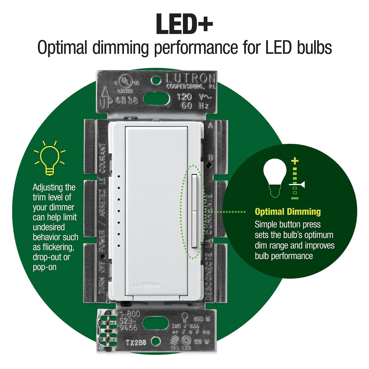 Lutron Maestro LED+ Dimmer Switch for Dimmable LED, Halogen and Incandescent Bulbs, 150W/Single-Pole or Multi-Location, MACL-153M-WH, White