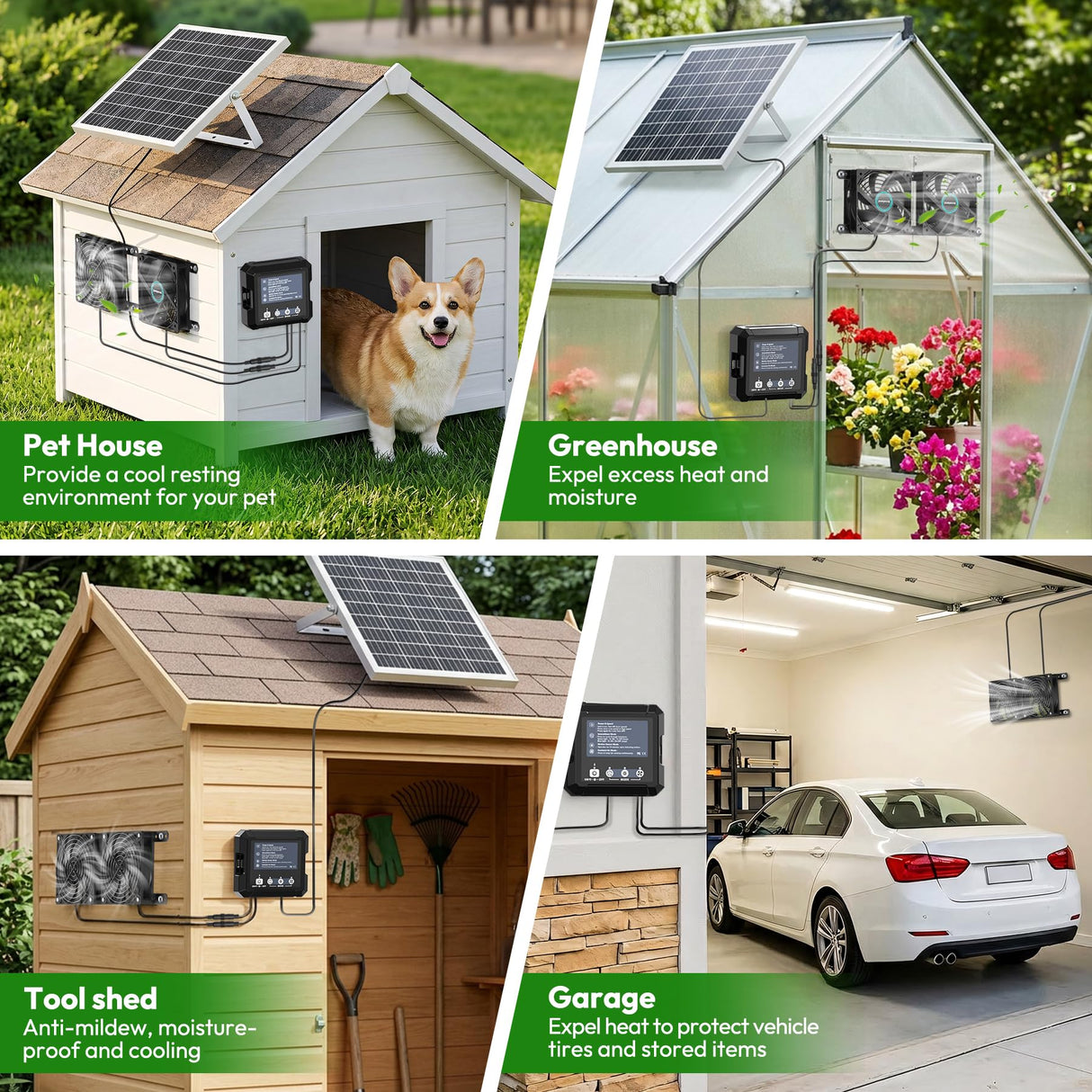 INNOLAND Solar Fan for Chicken Coop & Greenhouse, 25W Solar Powered Exhaust Fan with 7500mAh Battery, Smart 3 Modes with Motion Sensor, IP65 Waterproof Ventilation Kit for Shed | Dog House | Workshop