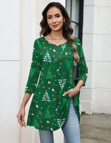 Zeagoo Women Tunic Tops 3/4 Sleeve Merry Christmas T Shirts Gift Blouse Tee Tops Plus Size Blouses to Wear with Leggings Swing Flare T-Shirt Loose