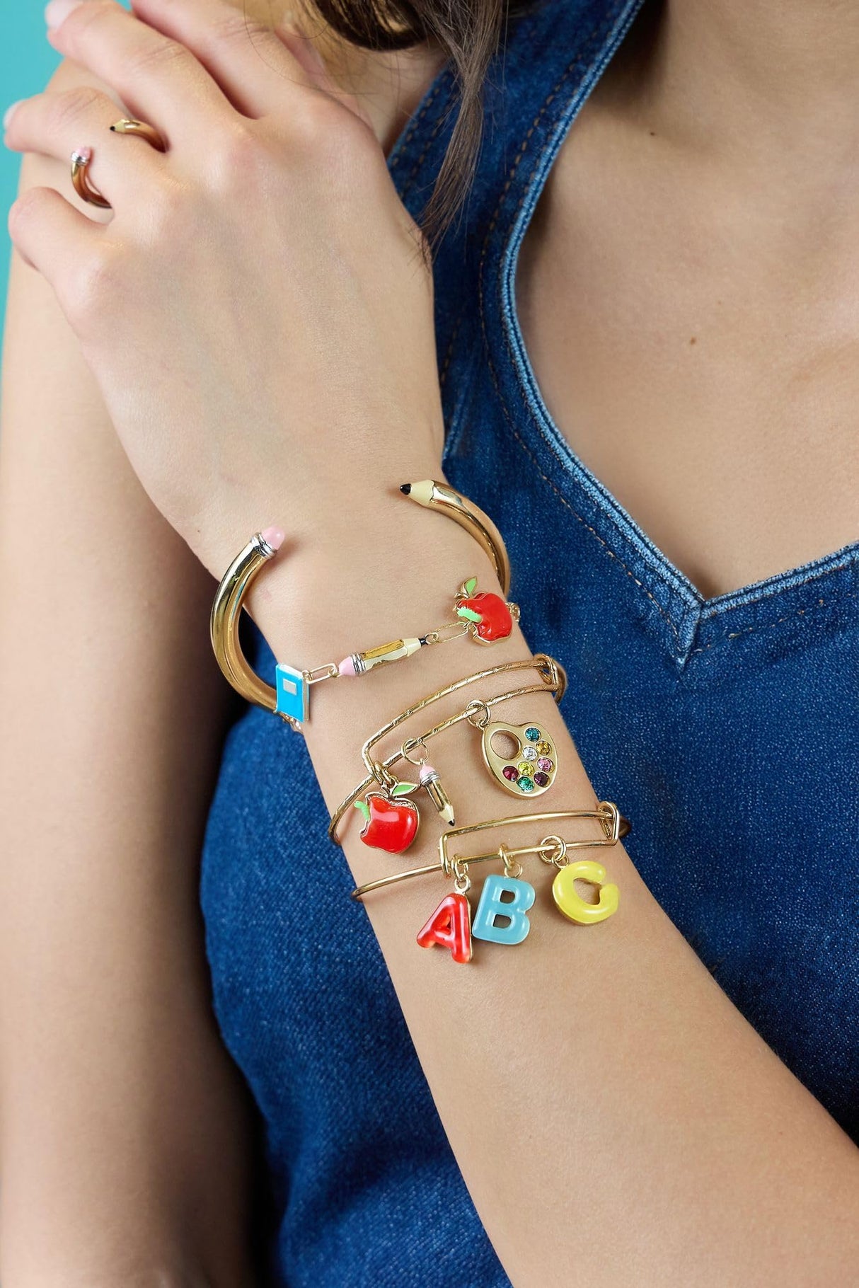 Alex and Ani Teacher’s Multi Charm Textured Bangle - School-Inspired Charms: Paint Palette, Pencil, Red Apple, Gold Finish, Cute Bracelets for Women, Easy Stack
