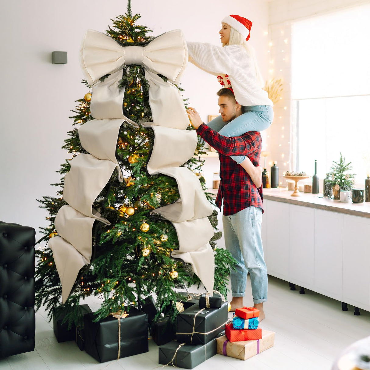 Wavwavw Giant Bow Decor Christmas Tree Topper Decoration Big Bows for Room Wall Backdrop 75x18 Inch Ribbon Tie for Wedding Christmas Fall Birthday Party Baby Shower Supplies(Ivory,Velvet)