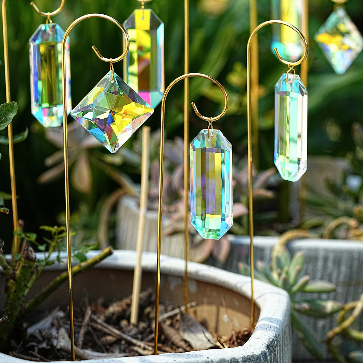 7 Pcs AB Colored Crystal Suncatcher Small Trellis Golden Plant Potted Stake