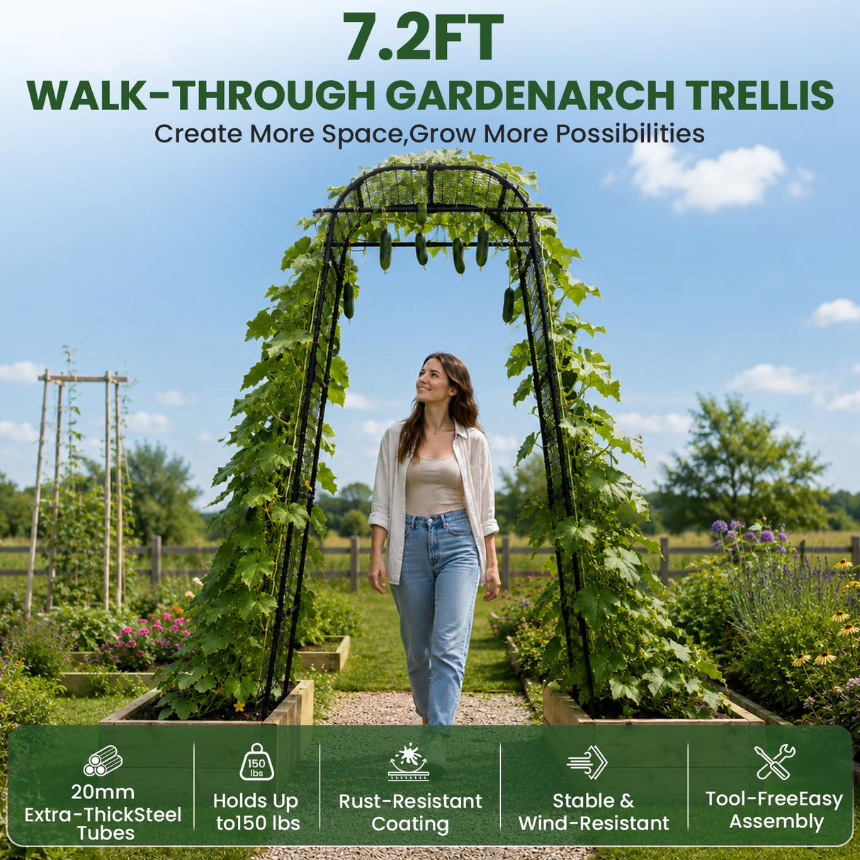 Heavy Duty Garden Arch Trellis for Climbing Plants, 20mm Thick Rustproof Metal Frame, Easy Assembly No Tools, 7.2ft Tall Vine Support with Netting & Gloves for Cucumbers Beans Roses