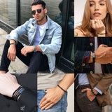 LOWNOUR Black Leather Bracelets for Men Women 5pcs Mens Bracelet Leather and Steel Braided Cuff Bracelets (A- 7.5inch)