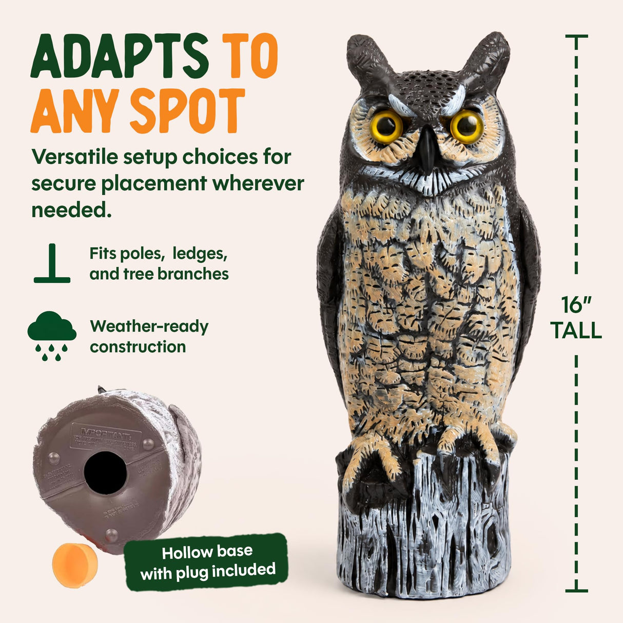 Dalen Lifelike Great Horned Owl Decoy Bird Repellent - 16in Hand-Painted Scarecrow for Gardens & Rooftops, Bird Deterrent, Fixed-Head Design, Fill Base with Sand/Gravel Only - Multicolor