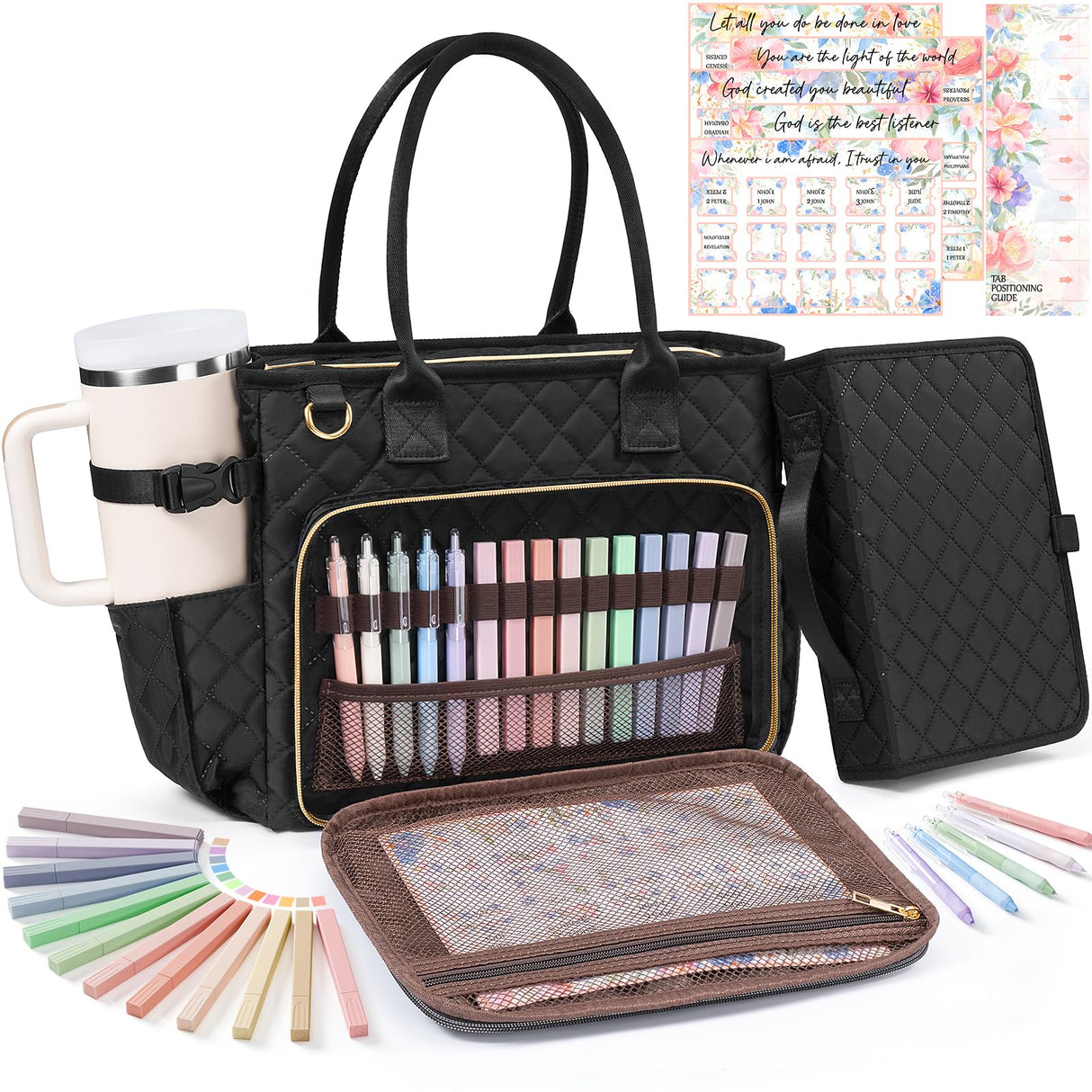 Large Bible Bag with Bible Cover Case for Women, Quilted Church Tote Bag Bible Carrying Case w/Shoulder Strap, Bible Study Supplies Journaling Kit Bible Accessories Christmas Christian Gifts for Women