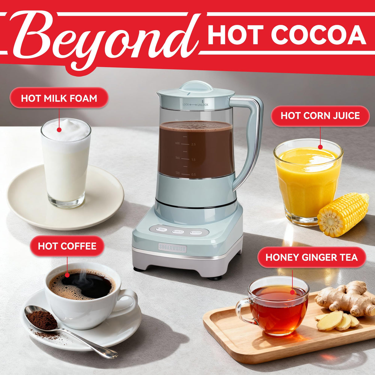 SugarWhisk 29 Oz Hot Chocolate Maker Machine, Electric Milk Frother and Steamer, Hot Cocoa Maker Machine for Hot Chocolate Bar, Detachable Pitcher, 2 Speed Mode, 3.5 Cups, Aqua