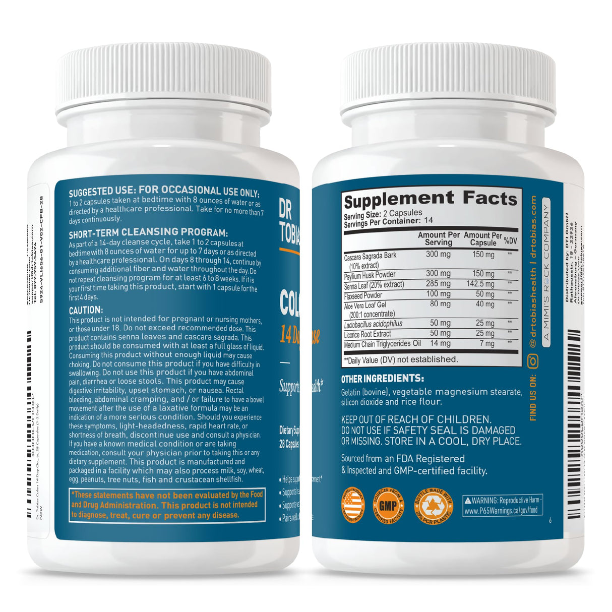Dr. Tobias Colon 14 Day Cleanse, Advanced Gut Cleanse Detox for Women & Men with Cascara Sagrada, Psyllium Husk, Senna Leaf & Probiotics, Non-GMO Colon Cleanse, 4 Bottles of 28 Capsules (1-2 Daily)
