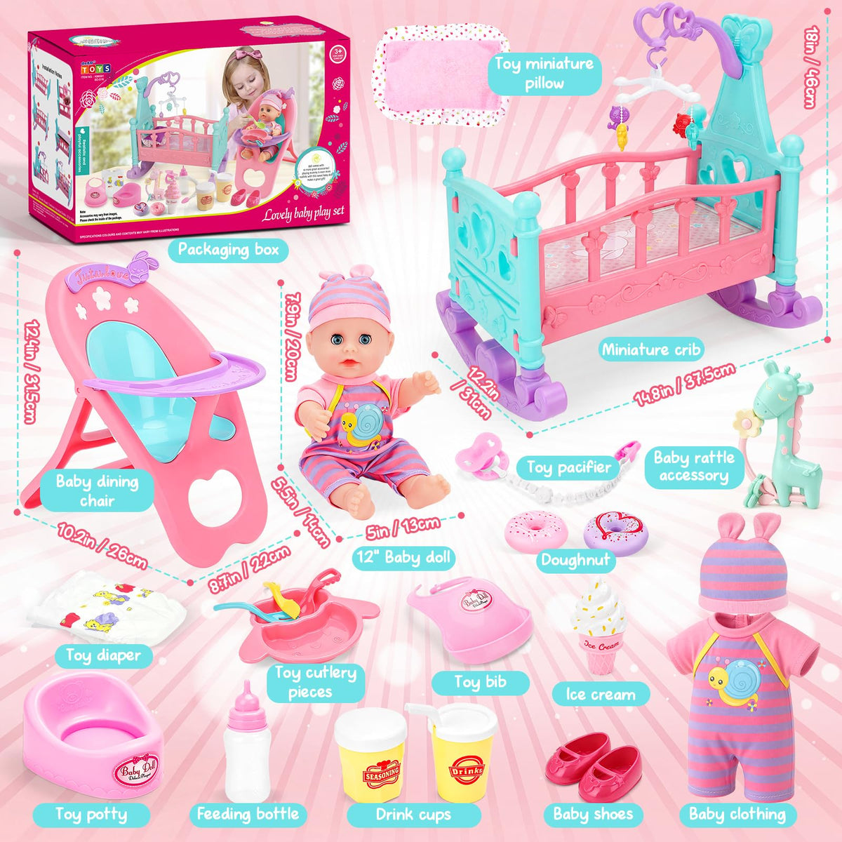 deAO Baby Doll Play Set with Crib,High Chair Feeding Accessories,White
