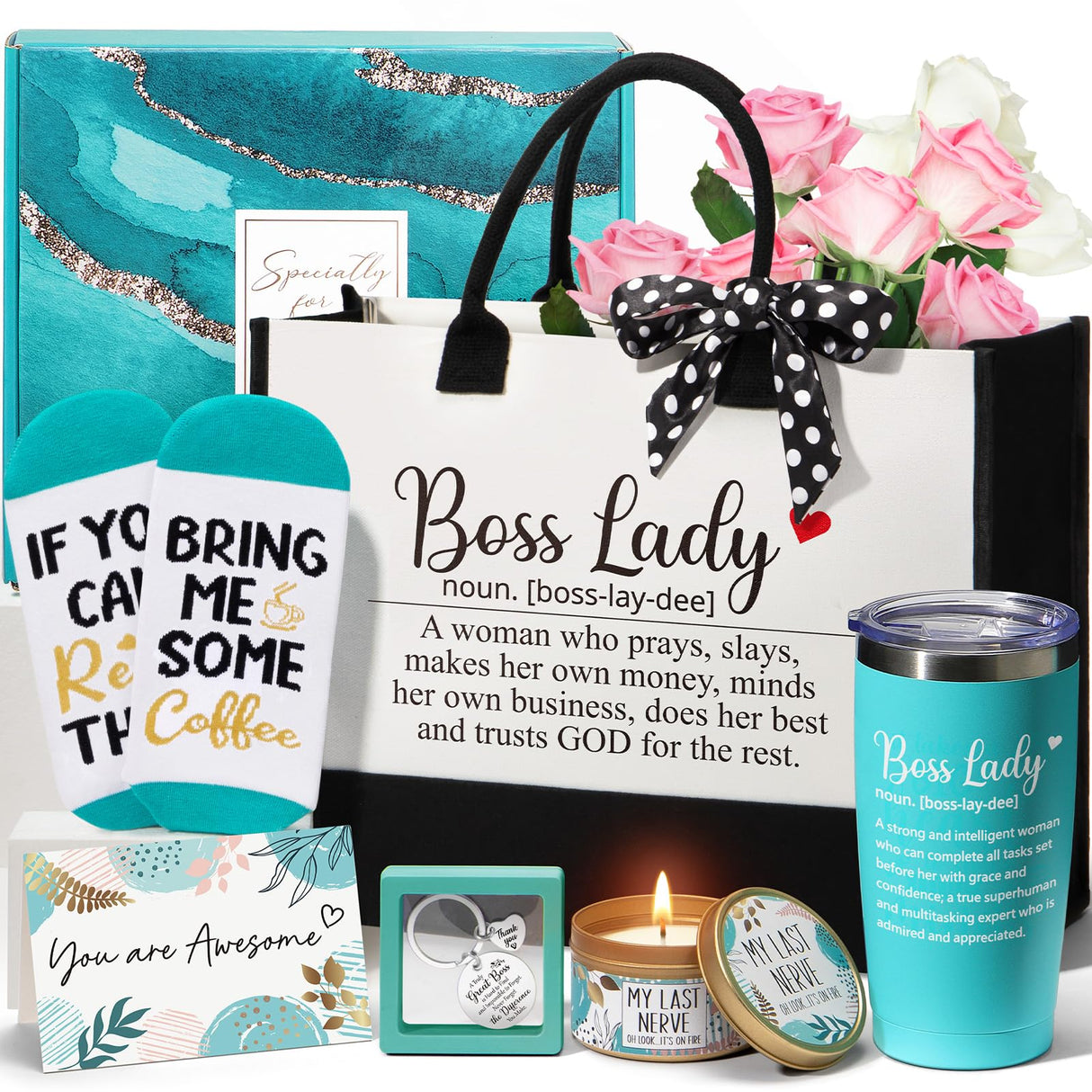Boss Day Gifts for Her Women, Best Boss Lady Gifts for Women Cool Bosses Gift Basket for Female, Funny Thank You Bosses Lady Appreciation Birthday Christmas Farewell Gift Set with Canvas Tote Bag