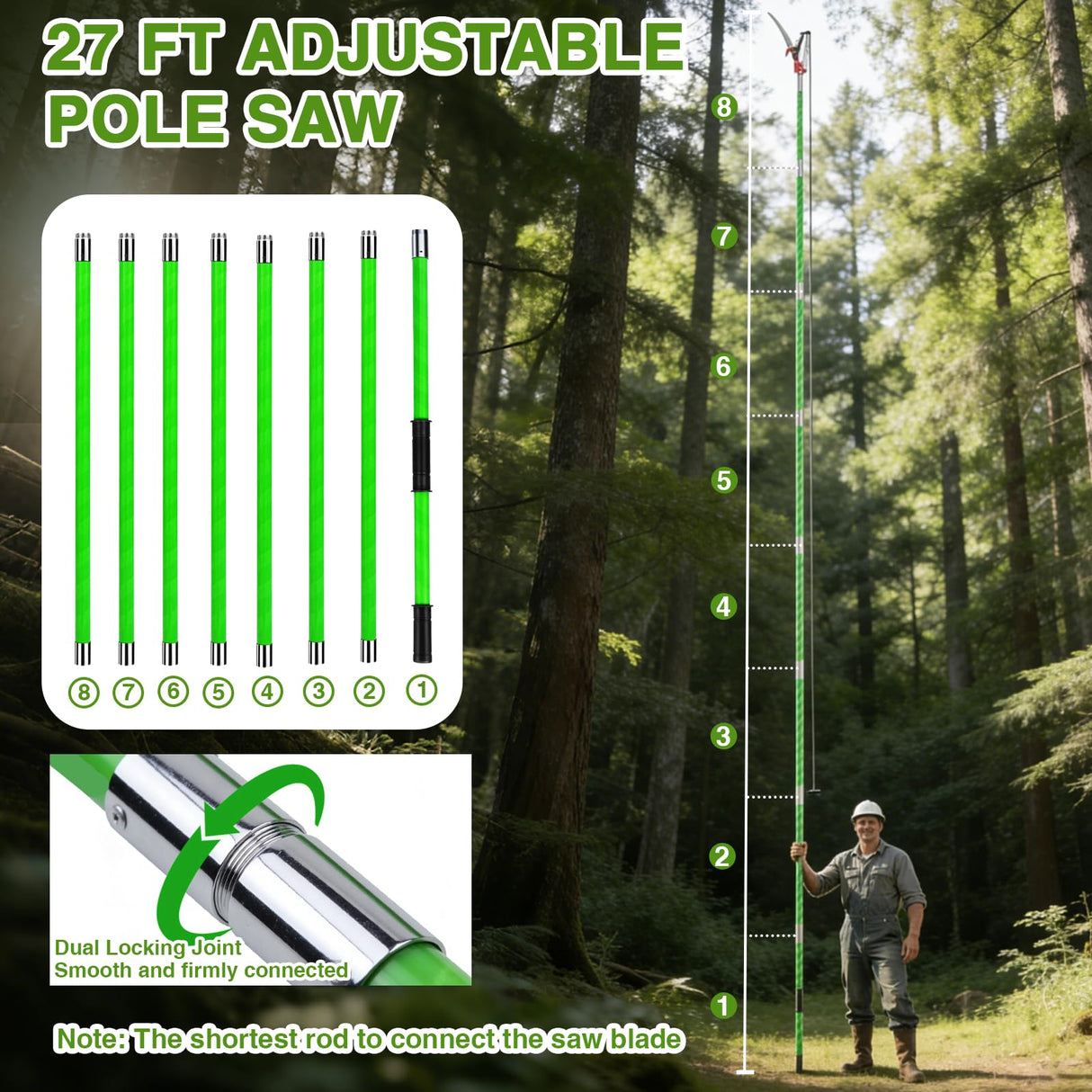Pterying Pole Saws for Tree Trimming - 7.3-27 ft Manual Tree Trimmer with Sharp Steel Blade and Scissors, Long Reach High Branch Cutter for Garden Landscaping Pruning Palms Shrubs Fruit Trees