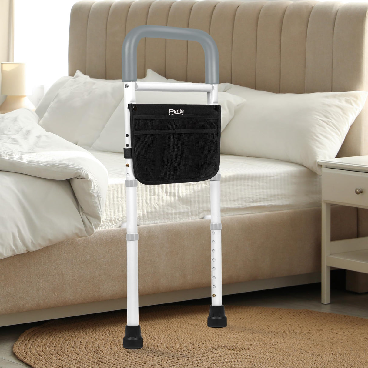 Panta Bed Rails for Elderly Adults Safety, Adjustable Bed Assist Rails for Seniors, Bed Side Rails with Support Legs and Storage Pocket, Portable Bed Cane Fit King, Queen, Full, Twin Bed, Grey