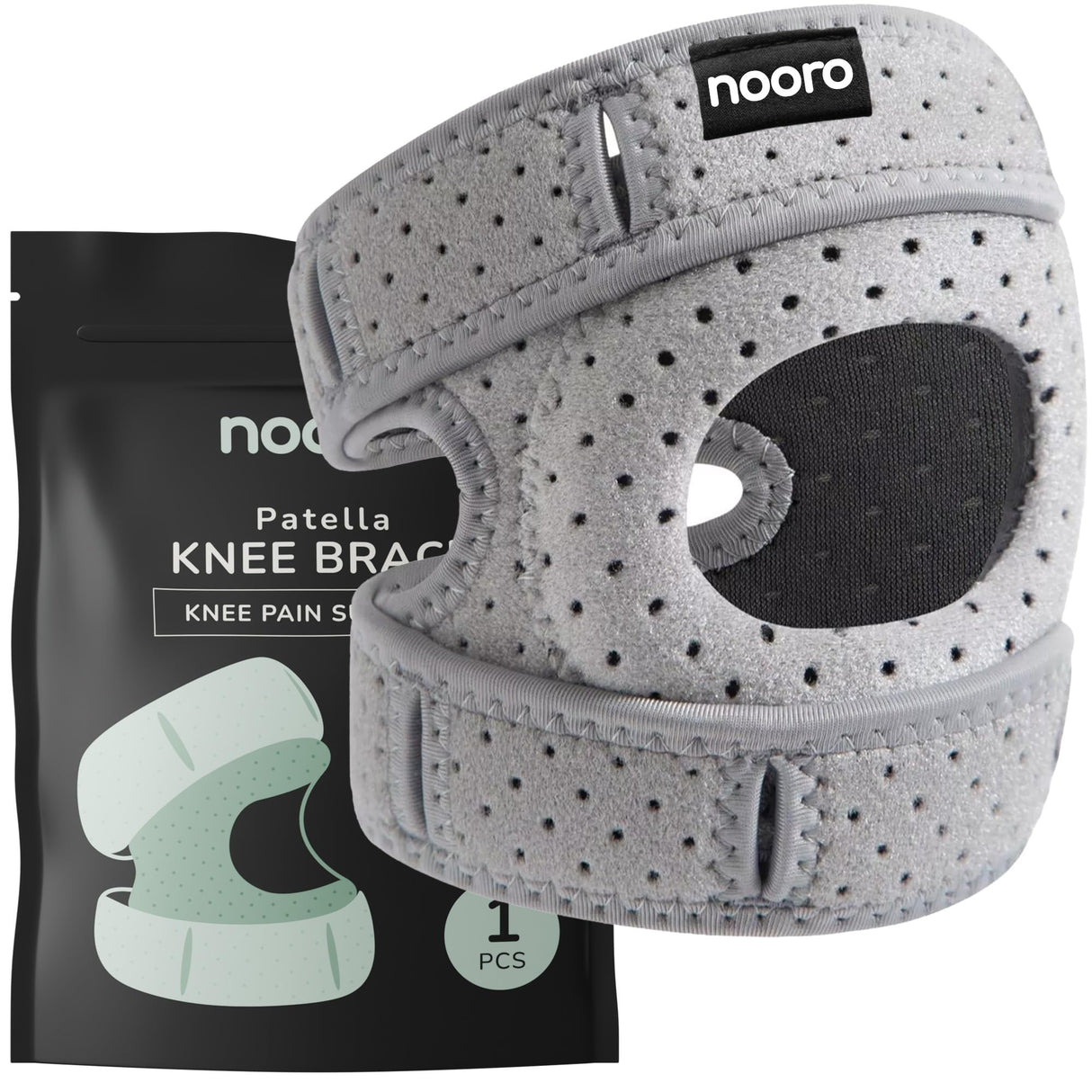 nooro Patella Knee Brace - Adjustable Knee Brace for Men and Women with Side Stabilizers, Open Patella Support for Injuries, Running, Sports, and Workouts - 1 pack