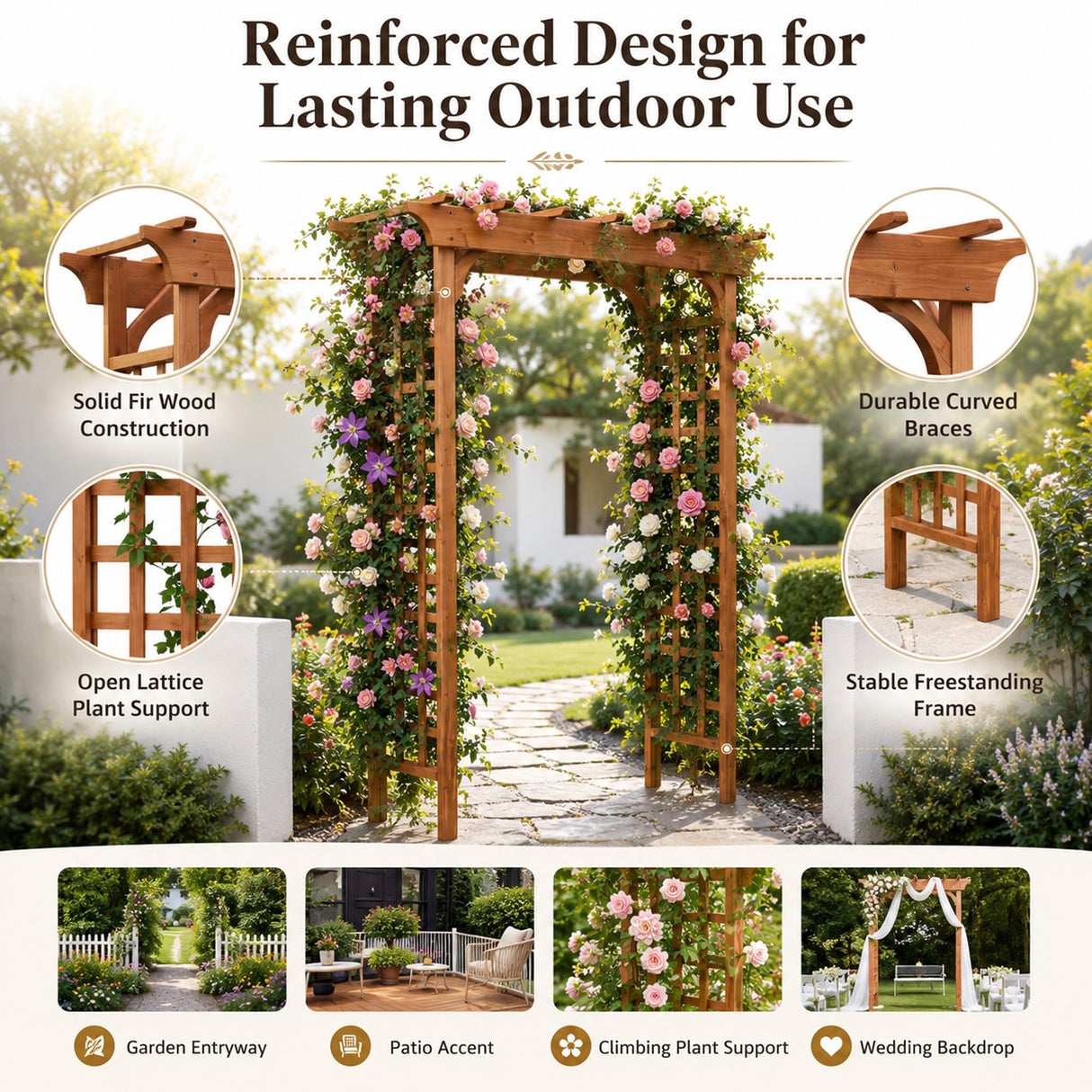 ScienGarden Solid Fir Wood Garden Arch Trellis for Climbing Plants Outdoor