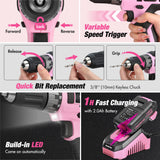 WORKPRO Pink Drill Set for Women, Tool Kit with 20V Cordless Lithium-ion Drill Driver, Pink Tool Set, Lady's Repairing Kit with 14-Inch Storage Bag, 157PCS