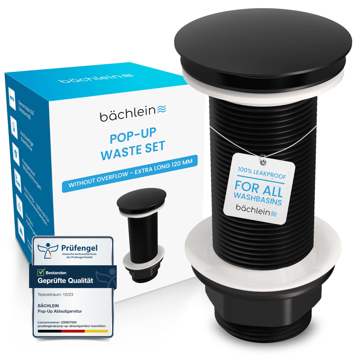 Bächlein Extra Long Universal Drain Fitting without Overflow (Matt Black) - Pop Up Valve for Countertop Washbasins