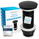 Bächlein Extra Long Universal Drain Fitting without Overflow (Matt Black) - Pop Up Valve for Countertop Washbasins