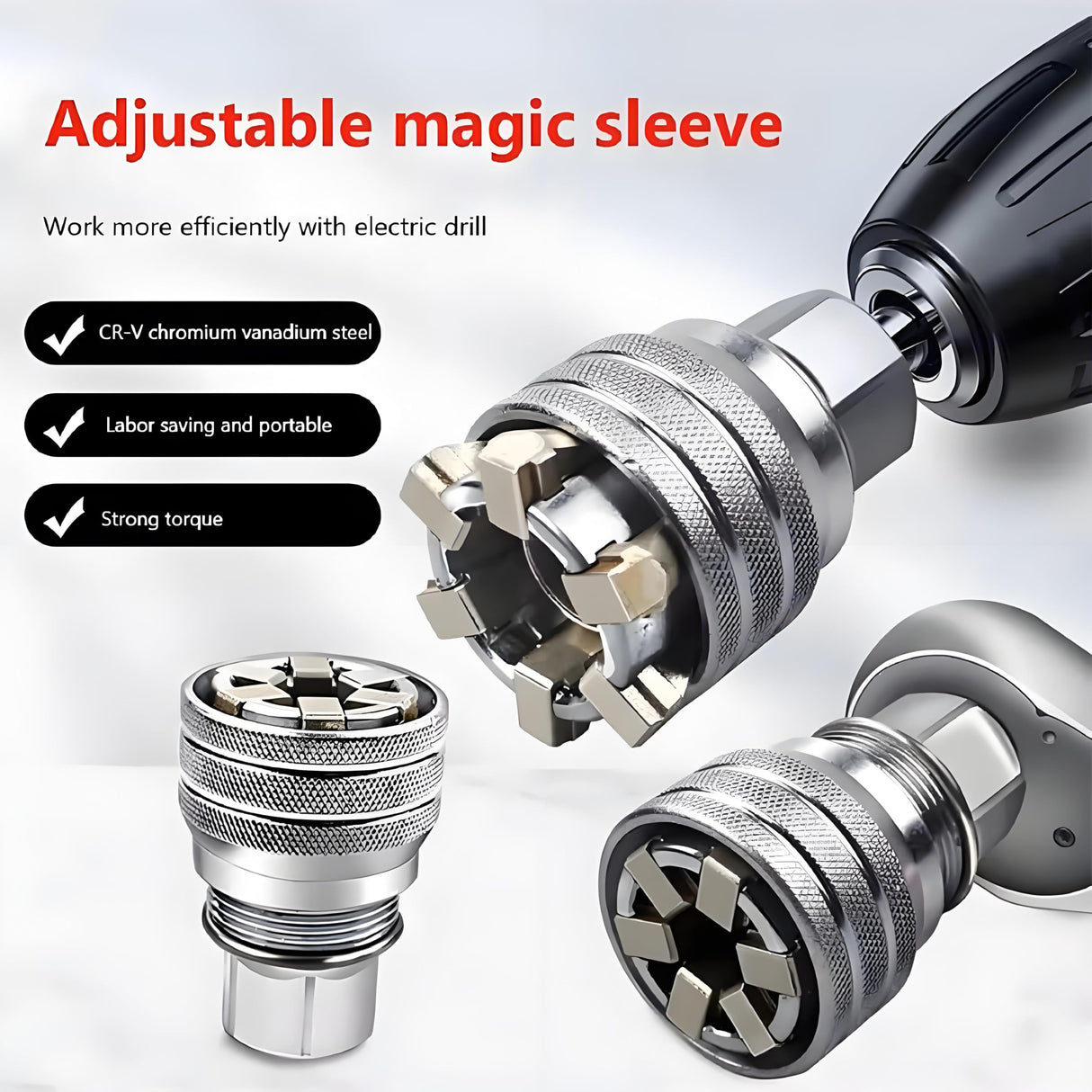 Abruga Upgraded Adjustable Universal Socket Wrench, Manual Socket Wrench, Multifunctional Sleeve, 10mm-19mm Universal Sockets Tools for 3/8" Drive Ratchet Torque Wrench and Power Drill