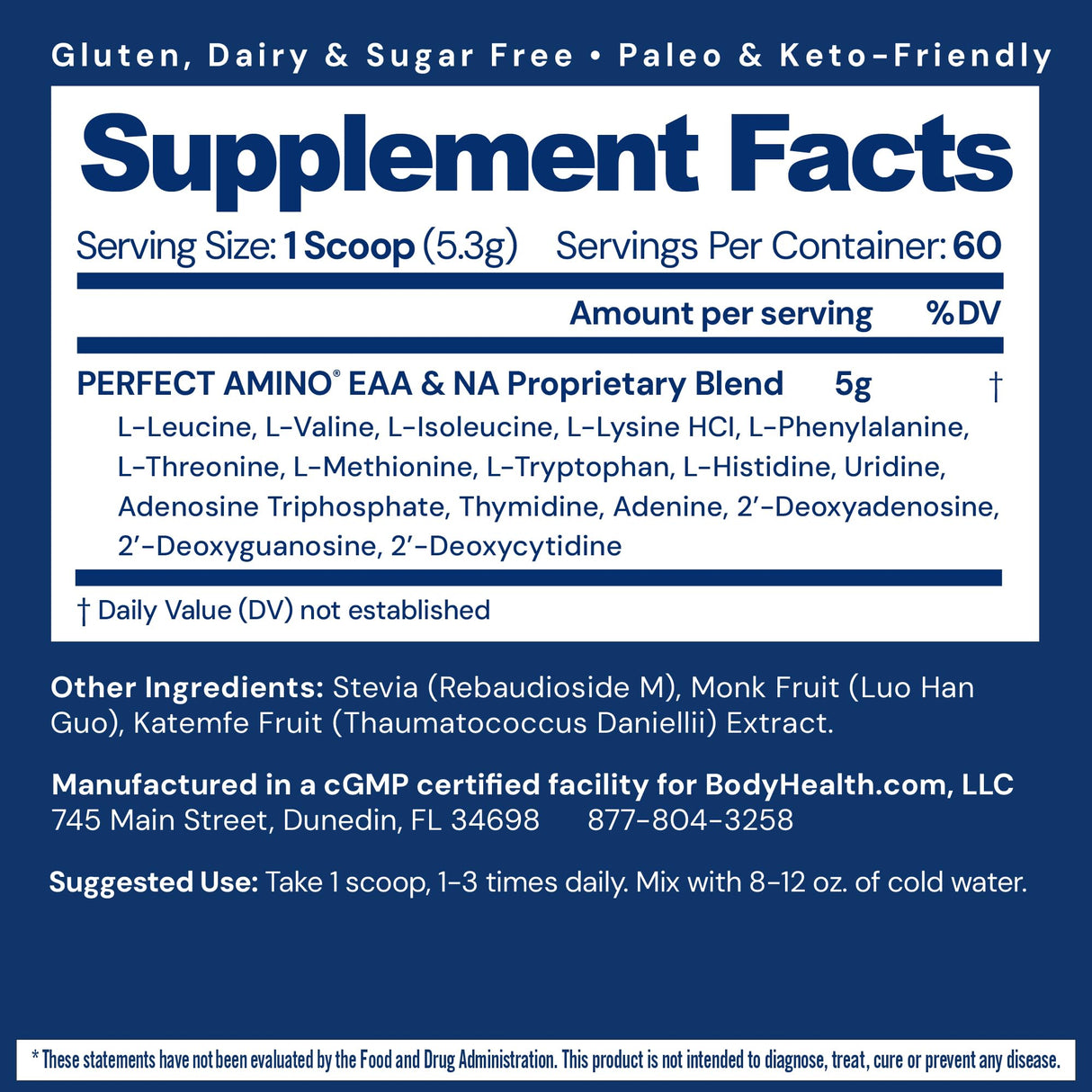 BodyHealth PerfectAmino Powder - BCAA and EAA Powder for Pre and Post Workout - Amino Acid Energy Drink for Men and Women to Support Lean Muscle and Recovery - Unflavored - 60 Servings