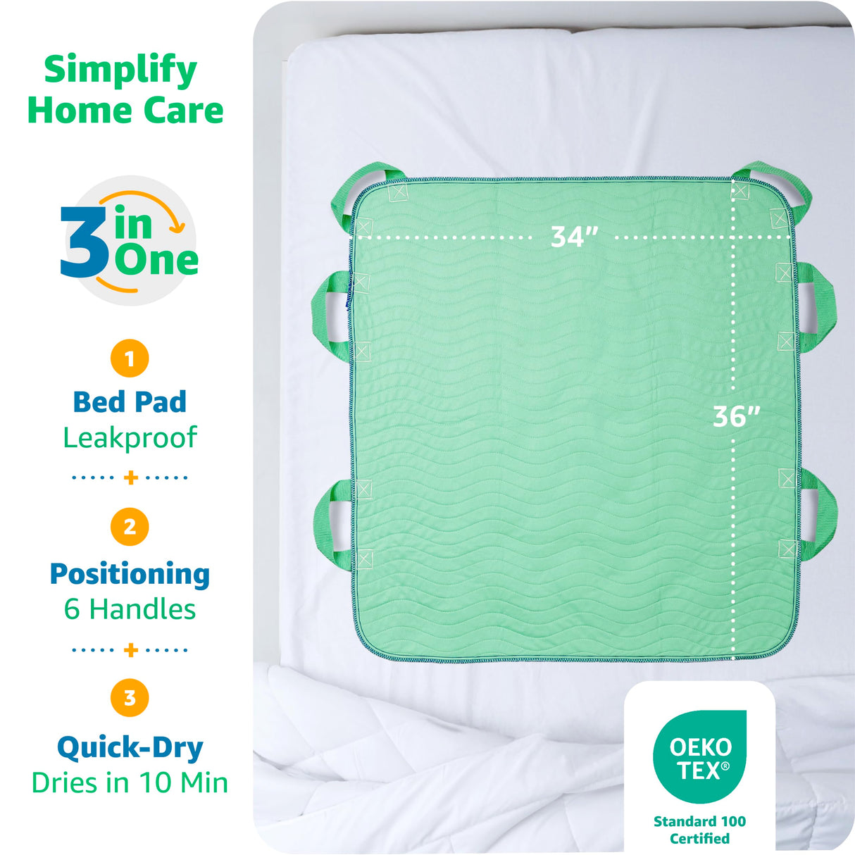 Improvia Positioning Bed Pad 34"x36" with 6 Reinforced Handles, Quick-Drying, Washable, Waterproof, Reusable, Mattress Protection, For Lifting, Turning, Transfering, Elderly and Incontinence patients.